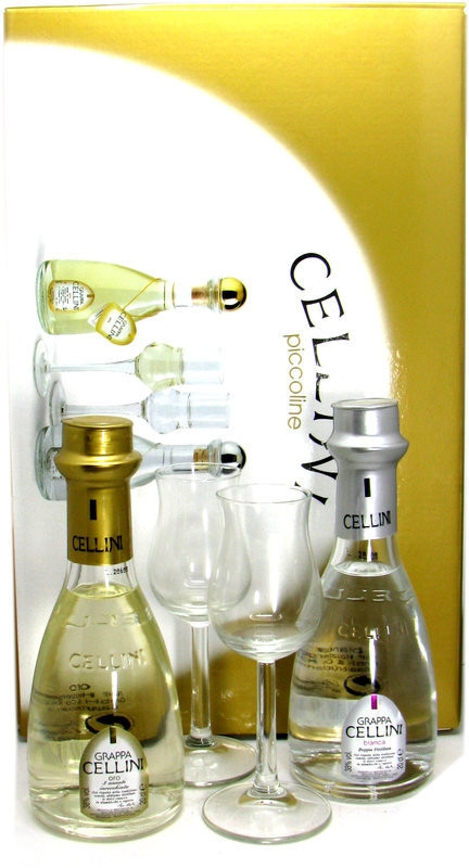 Le Cellini piccoline Geschenkpackung Grappa Cellini Oro 0,2l und Grappa  Cellini Bianca 0,2l incl. 2 Gläser | worldwidespirits